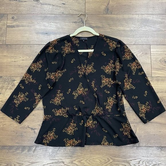 1. STATE Top Womens L Wild Country Blooms Peplum Blouse Wrap Floral V-Neck Black - Picture 1 of 14